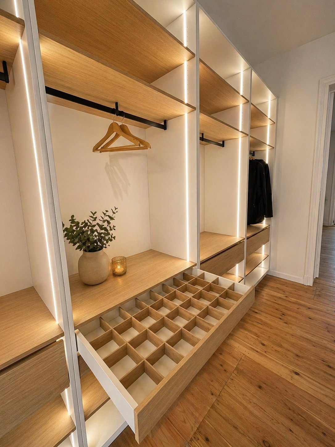 Dressing sur mesure ouvert, penderies et tiroirs