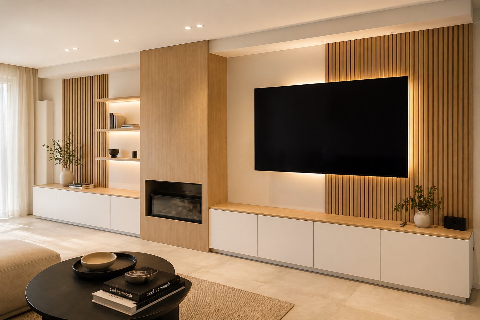 Agencement TV sur mesure, bois clair